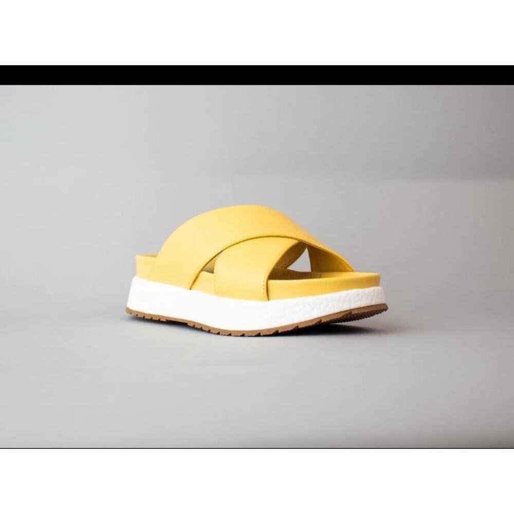 Cecelia New York yellow platform criss cross straps wedge slide mule sandals 8.5